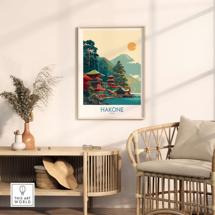 Framed Hakone Japan Lake Ashi temple print showcasing a traditional pagoda and mountain view, perfect for wall art.