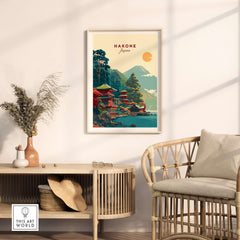 Hakone Japan Lake Ashi Temple Print - Japanese Pagoda Wall Art displayed in a stylish living room decor.