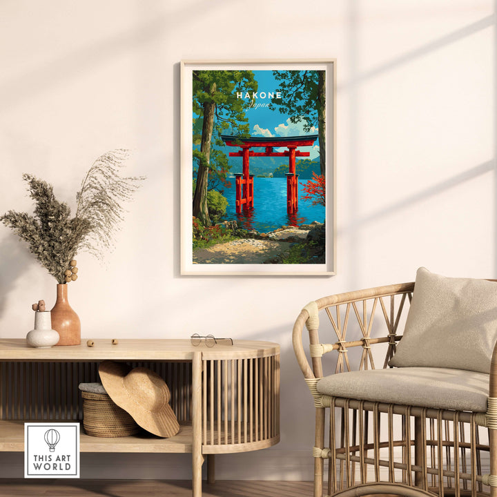 Hakone Japan Lake Ashi Torii Gate poster in a cozy interior setting showcasing serene water and red floating gate.
