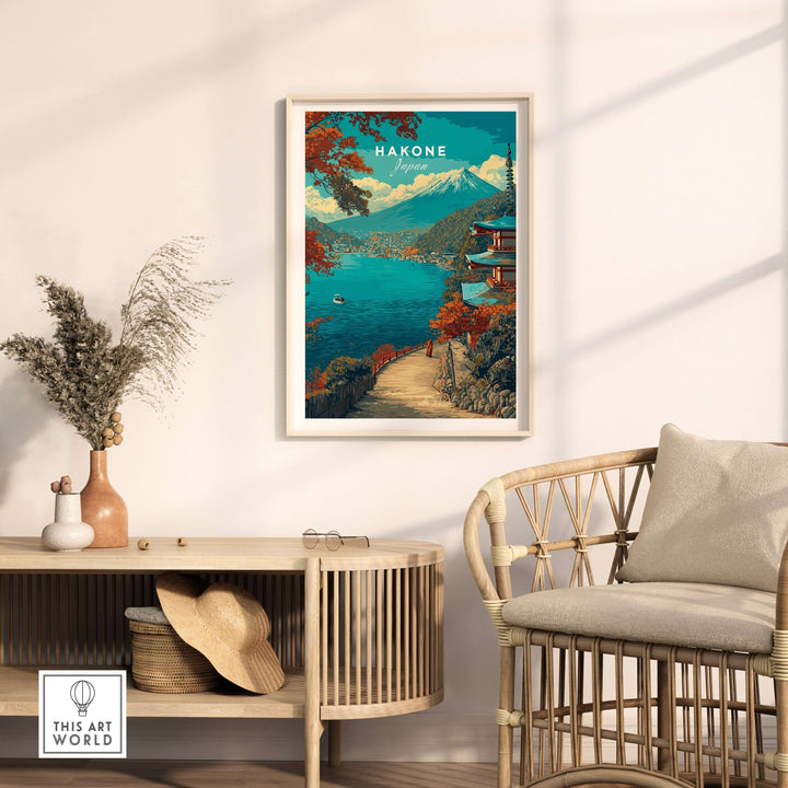 Hakone Print featuring serene lake, traditional pagoda, and Mount Fuji in a cozy home setting.