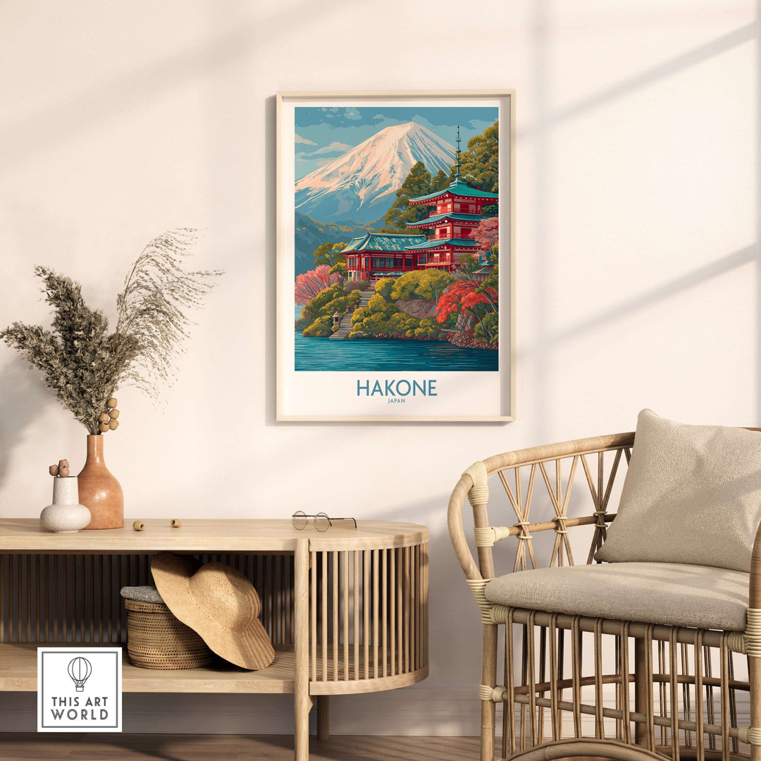 Hakone Japan wall art print featuring serene landscape and traditional architecture on display in a stylish home interior.