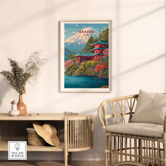 Hakone Japan Print Historic Shrine Lake Ashi Art - Mount Fuji Pagoda Poster displayed in a cozy living room setting.