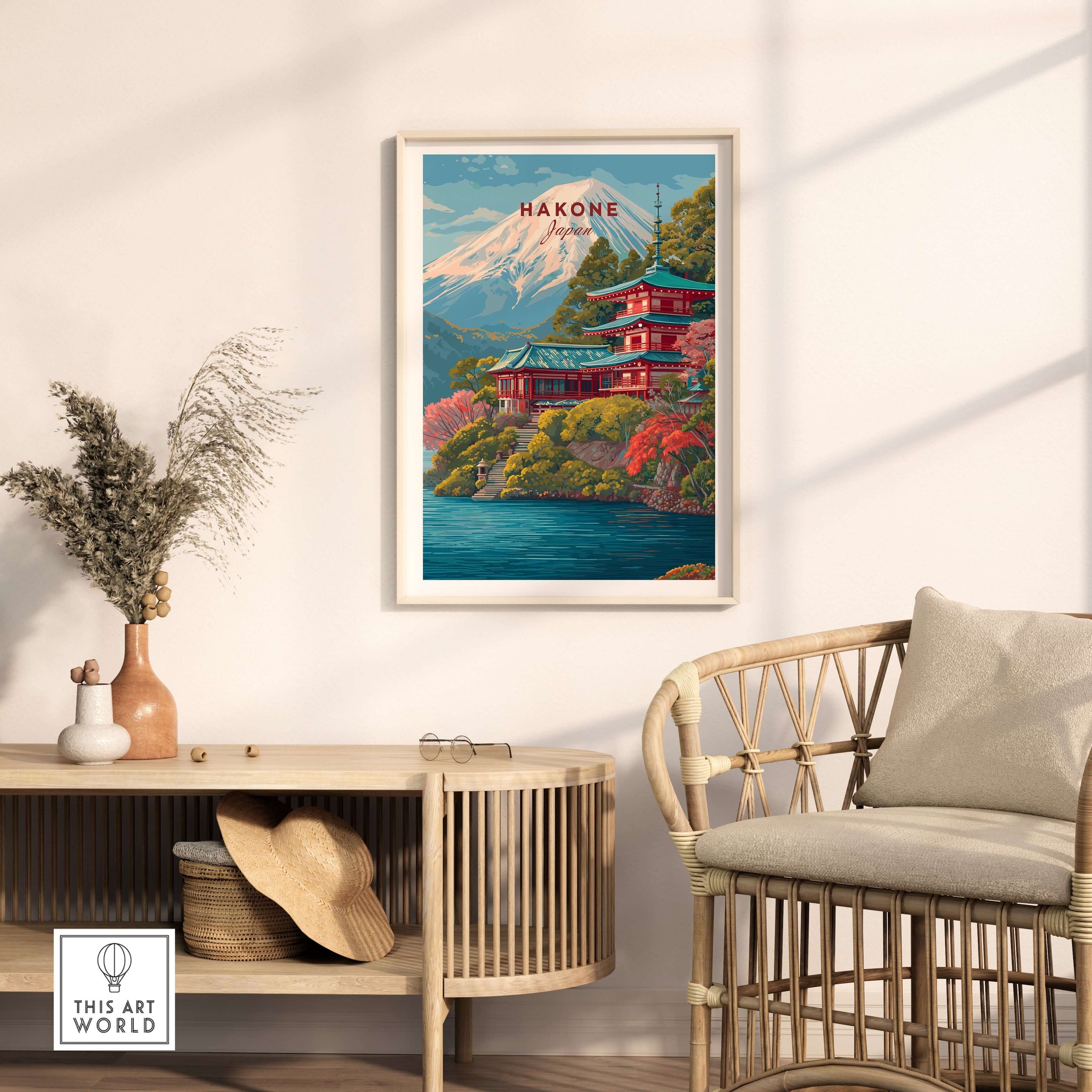 Hakone Japan Print Historic Shrine Lake Ashi Art - Mount Fuji Pagoda Poster displayed in a cozy living room setting.
