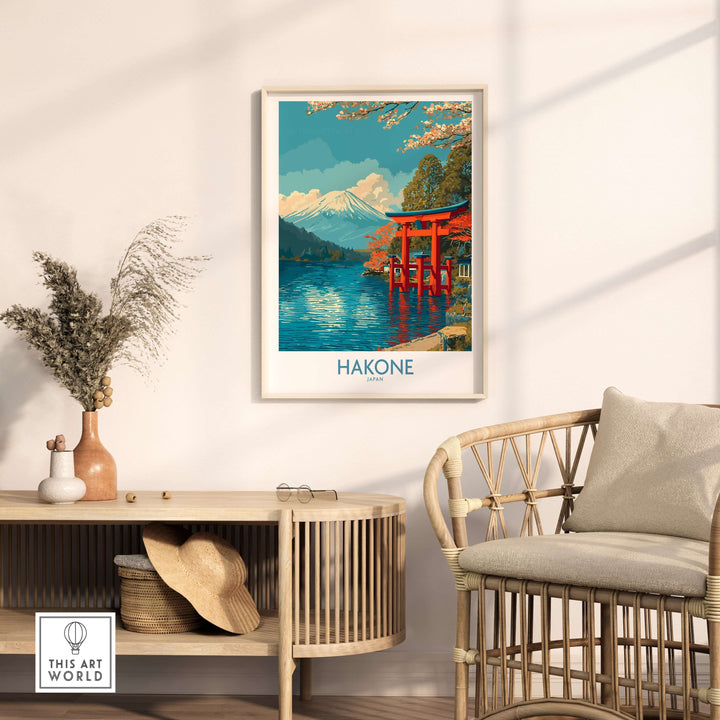 Hakone wall art poster featuring a red Torii gate against a scenic backdrop with mountains and lakes, perfect for decor.