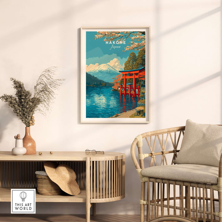 HakonePrint Japan Peace Shrine Torii artwork featuring Mount Fuji and Lake Ashi in a serene home decor setting.