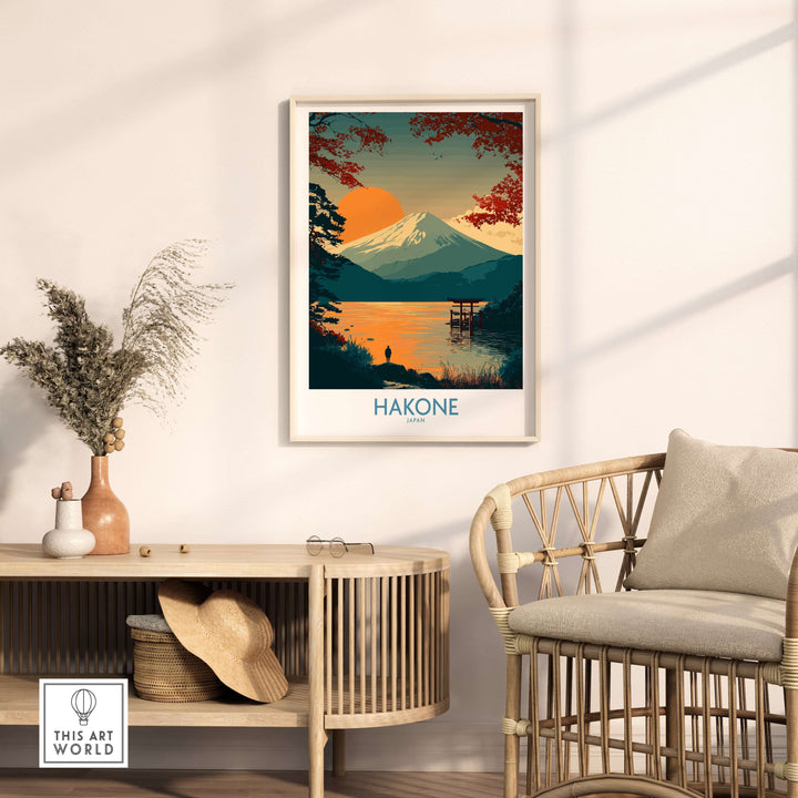 Hakone Japan wall art print featuring Lake Ashi and Mt. Fuji, bringing tranquility and cultural elegance to home décor.