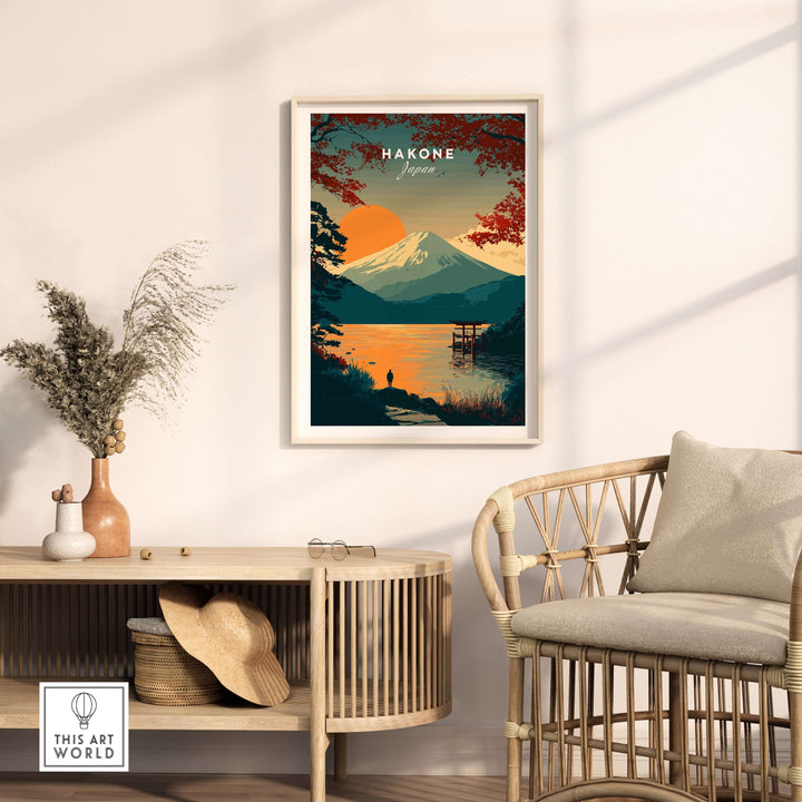 Hakone Japan sunset poster with Torii gate, Mount Fuji, and tranquil lake in a stylish interior setting.