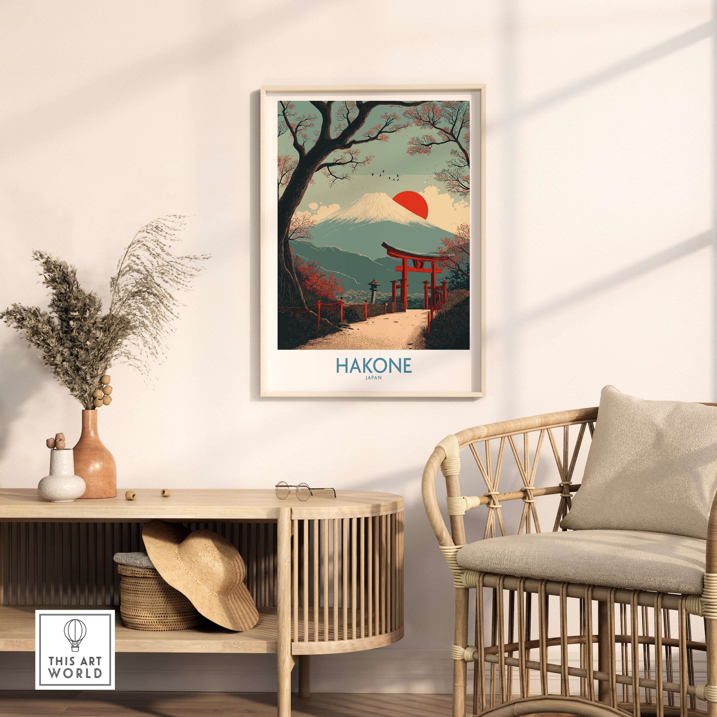 Hakone Japan Peace Gate Shrine Wall Art - Autumn Cherry Blossom Decor displayed in a cozy living room setting.