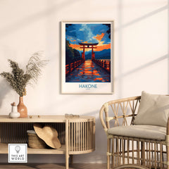 Hakone Wall Art - Japan Travel Poster displayed in a stylish living room setting with natural decor.