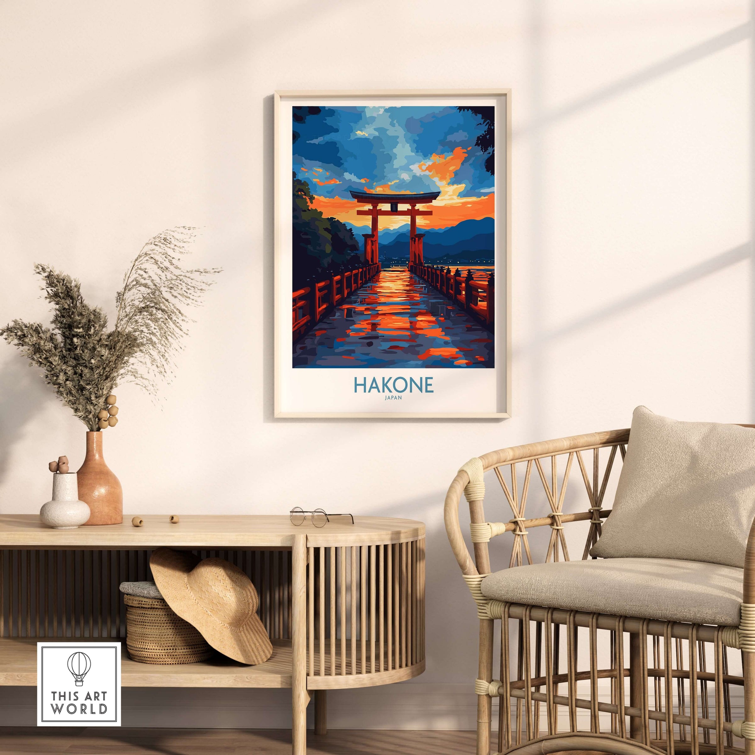 Hakone Wall Art - Japan Travel Poster displayed in a stylish living room setting with natural decor.