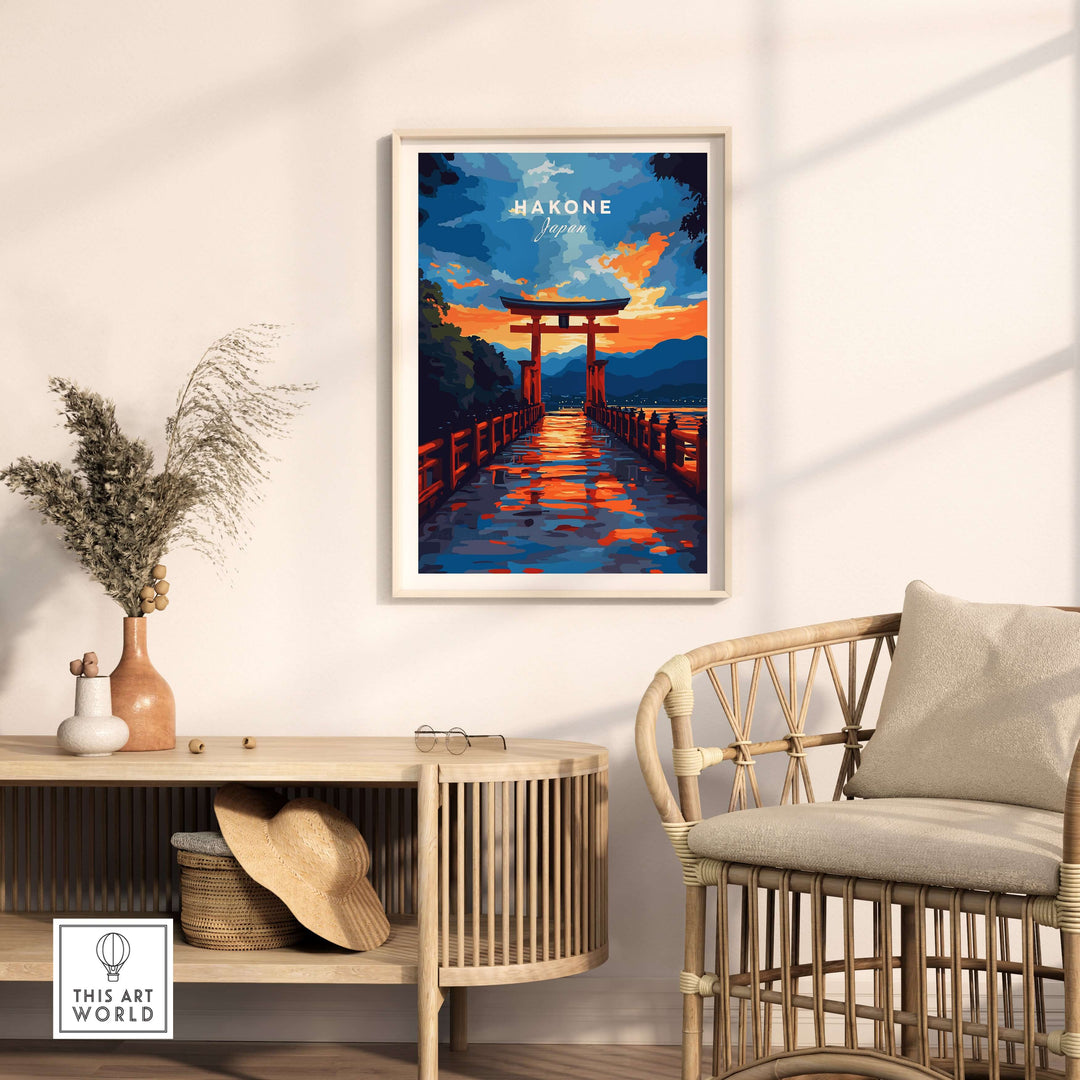Hakone wall art poster featuring Torii gate at sunset, reflecting on Lake Ashi, enhancing interior decor.