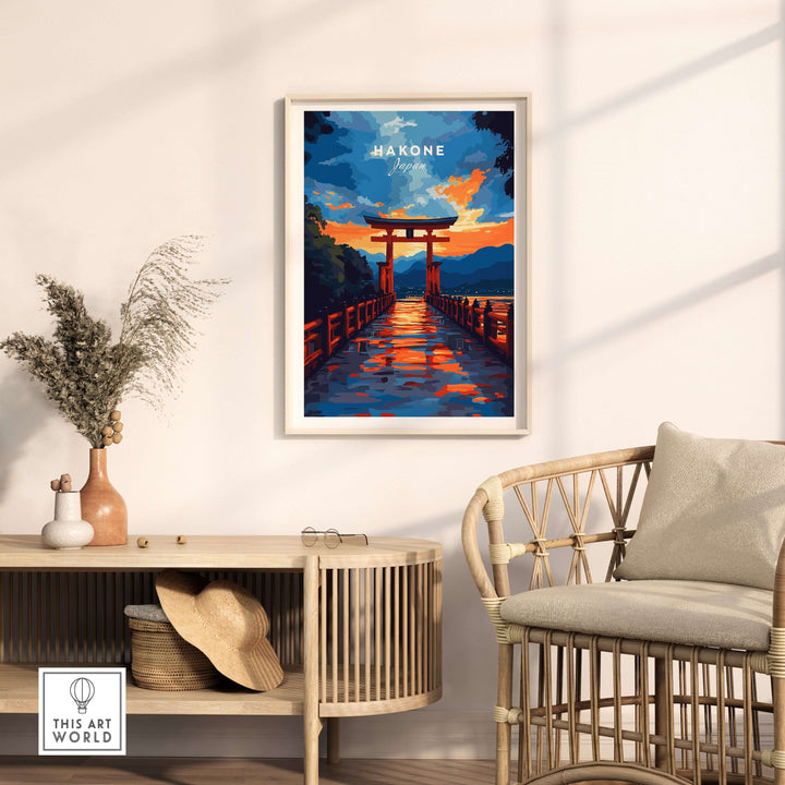 Hakone wall art poster featuring Torii gate at sunset, reflecting on Lake Ashi, enhancing interior decor.