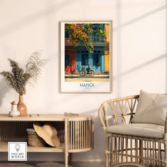 Hanoi Poster - Vietnam Wall Art featuring a colorful scene of Hanoi in a stylish living room setting.