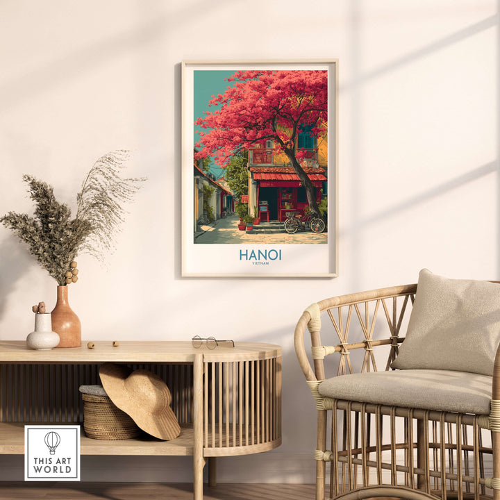 Hanoi Vietnam poster featuring historic architecture and vibrant pink trees, perfect for home decor.