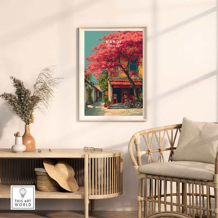 Hanoi cherry blossom street print in a cozy living space, colorful wall art adding charm and warmth.