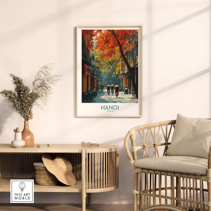 Hanoi wall art depicting vibrant autumn streets and traditional life in Vietnam's Old Quarter, enhancing home decor.