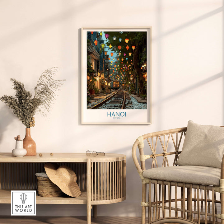Hanoi Vietnam Train Street wall art print featuring colorful lanterns and vibrant atmosphere.