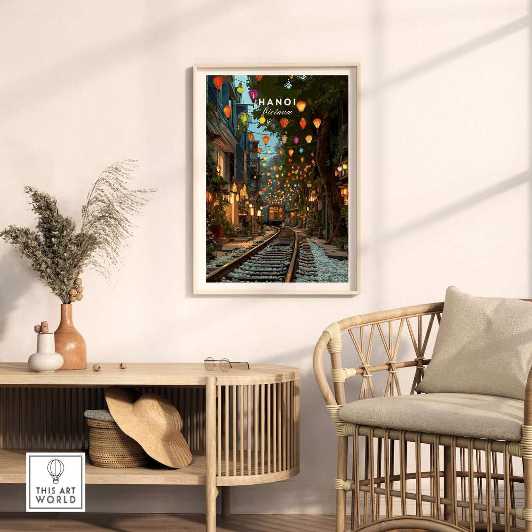Hanoi Vietnam Train Street print showcasing vibrant lanterns and urban life in a cozy interior setting.