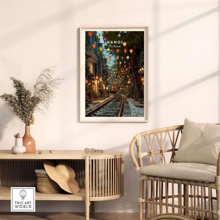 Hanoi Vietnam Train Street print showcasing vibrant lanterns and urban life in a cozy interior setting.