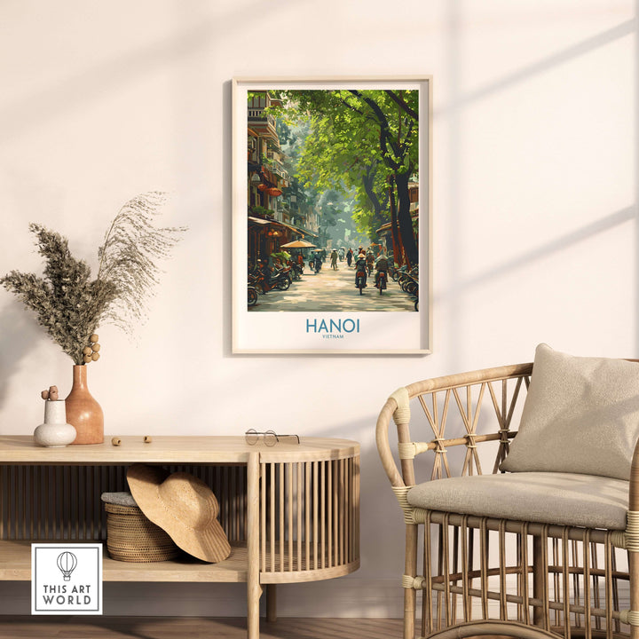 Framed Hanoi Vietnam street wall art poster showcasing vibrant street scene and lush greenery, perfect for home decor.