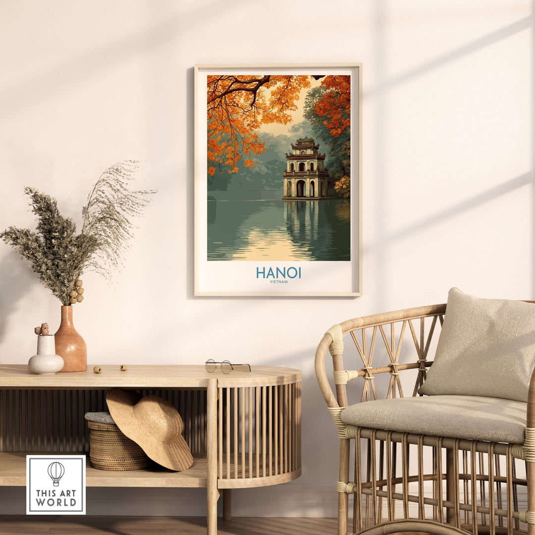 Hanoi Turtle Tower wall art decor featuring autumn tree reflections in tranquil water.
