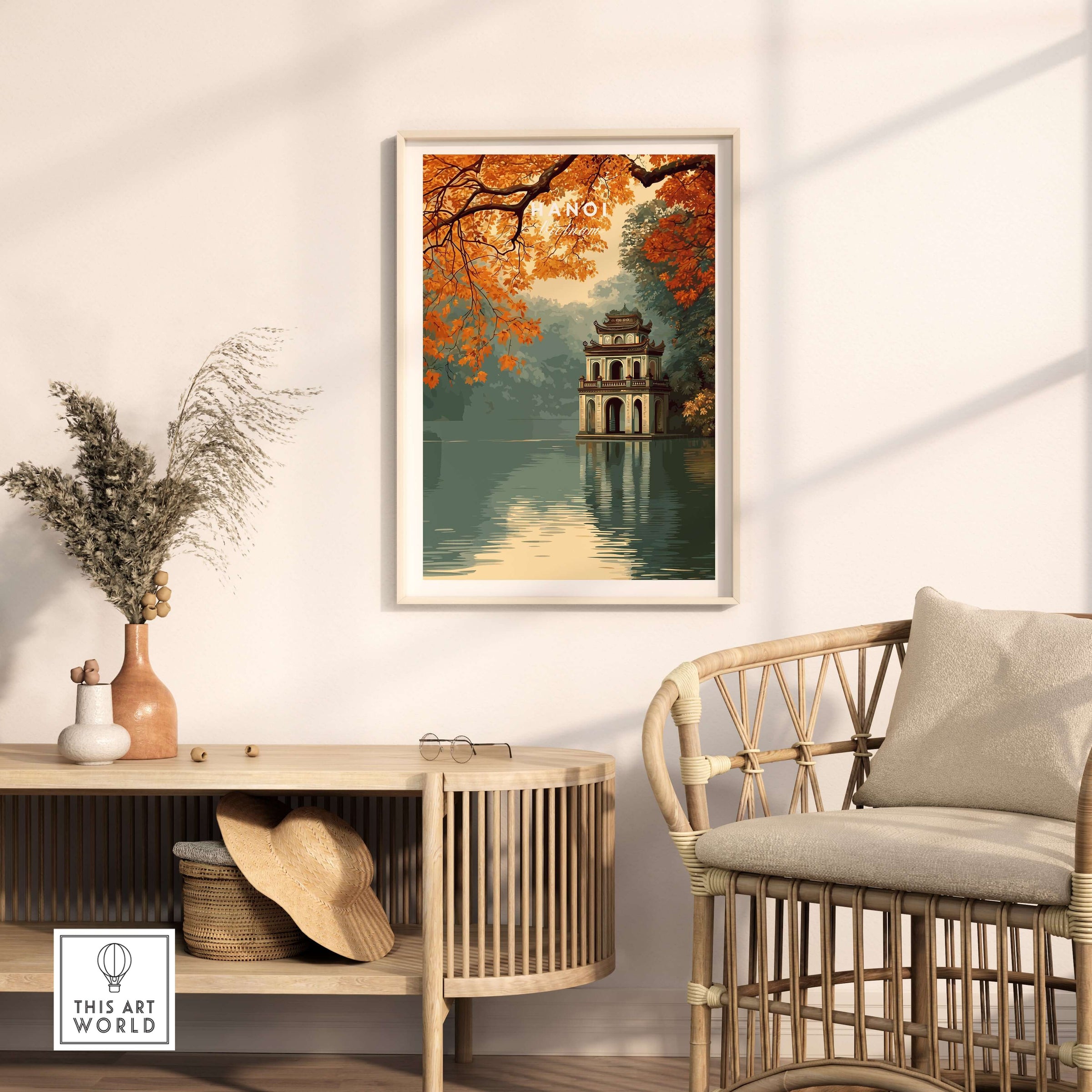 Hanoi Vietnam Poster - Hoan Kiem Lake Temple Print displayed in a modern living room setting.