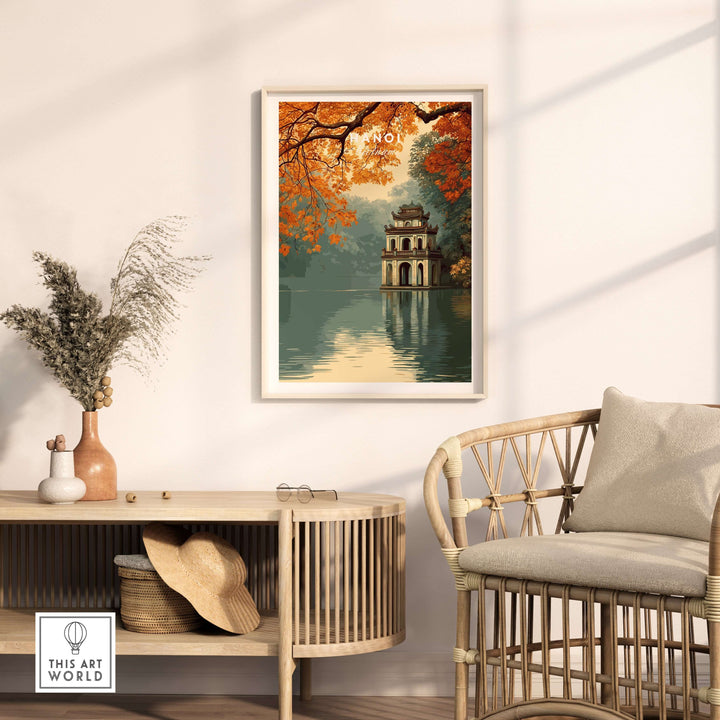 Hanoi Vietnam poster featuring Hoan Kiem Lake temple print in a stylish home setting.