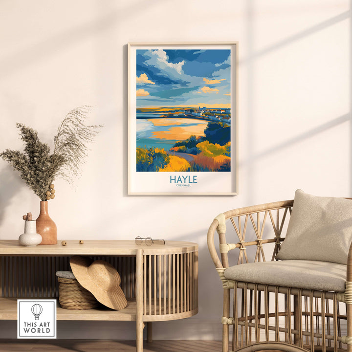 Hayle Estuary Panorama Wall Art in a bright room, showcasing Cornwall's coastline with vibrant colors.
