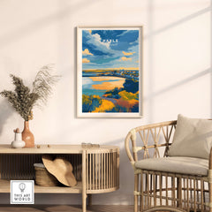 Hayle Cornwall Poster - UK Coastal Landscape Print displayed in a stylish living room setting with natural décor.