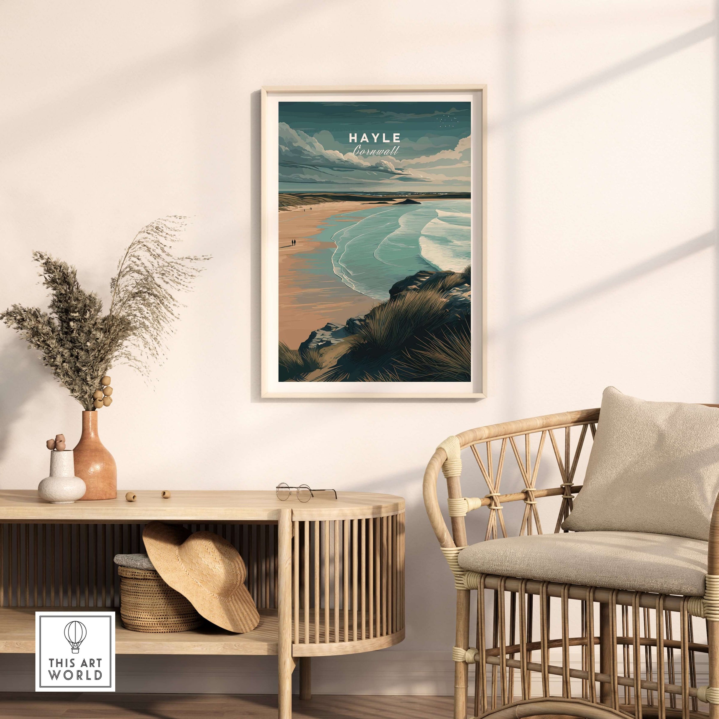 Hayle Cornwall Coastal Beach Print - Seaside Cliffs Wall Art displayed in a cozy interior setting with natural elements.