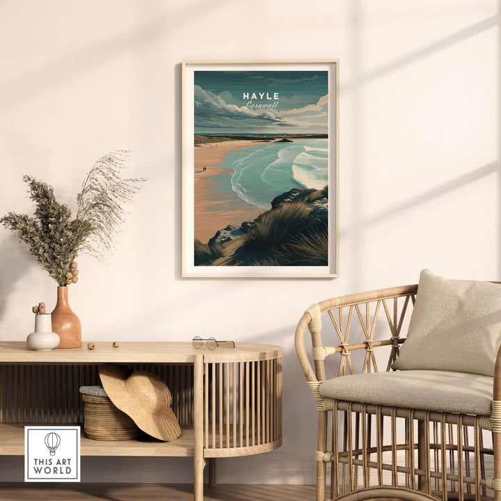Hayle Cornwall Coastal Beach Print featuring seaside cliffs and ocean view in a stylish interior setting.