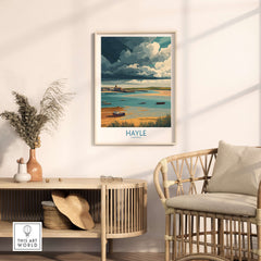 Hayle Cornwall Stormy Sky Seascape Poster - Cornish Travel Print displayed in a modern living space.