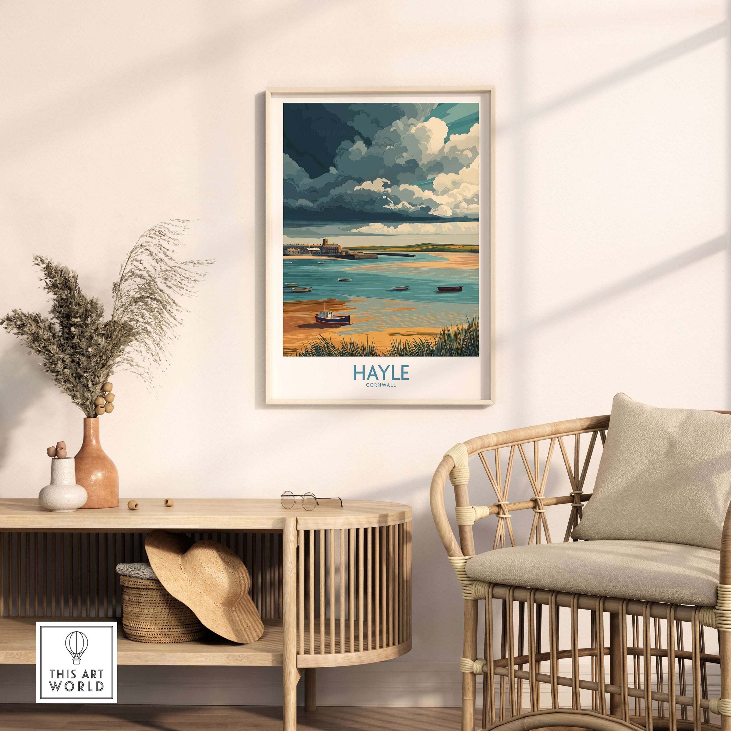 Hayle Cornwall Stormy Sky Seascape Poster - Cornish Travel Print displayed in a modern living space.
