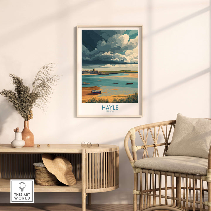 Hayle Cornwall stormy sky seascape poster displayed in a stylish living room with natural decor.