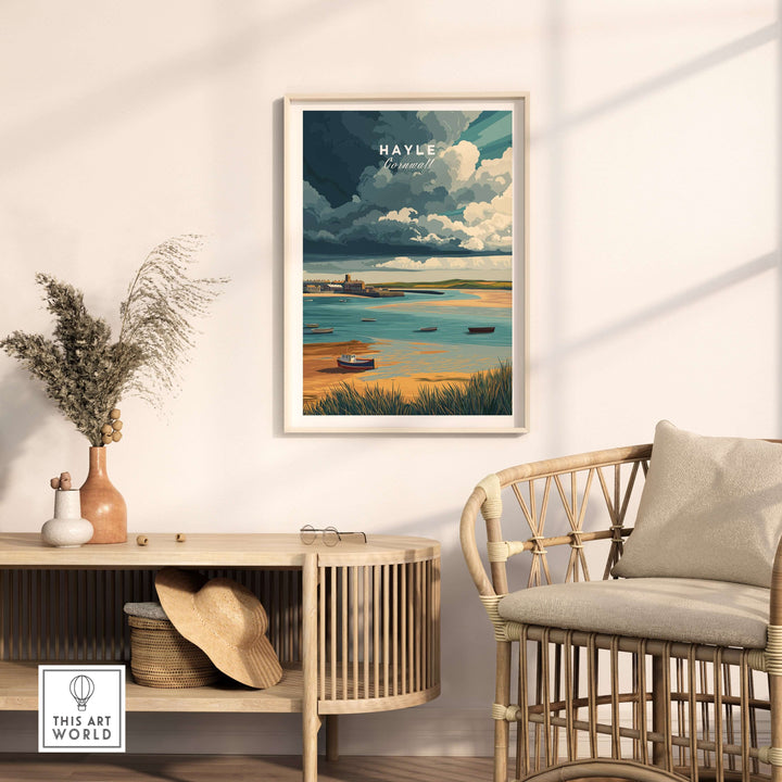 Hayle Boats in the Bay print showcasing coastal Cornwall in a stylish living room setting.