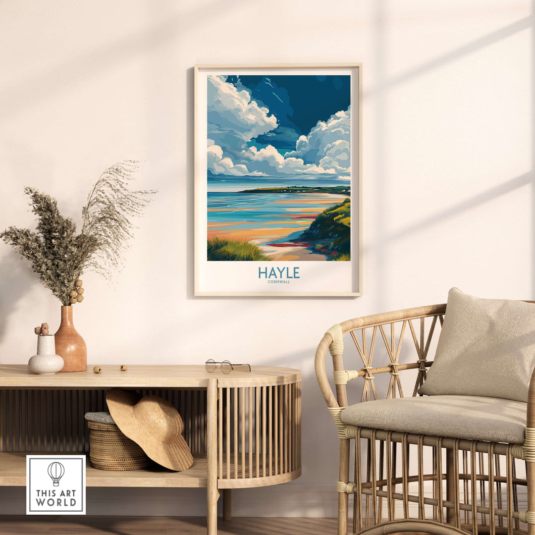 Hayle wall art featuring Cornish nature decor, showcasing vibrant skies and sandy beaches in a stylish interior setting.