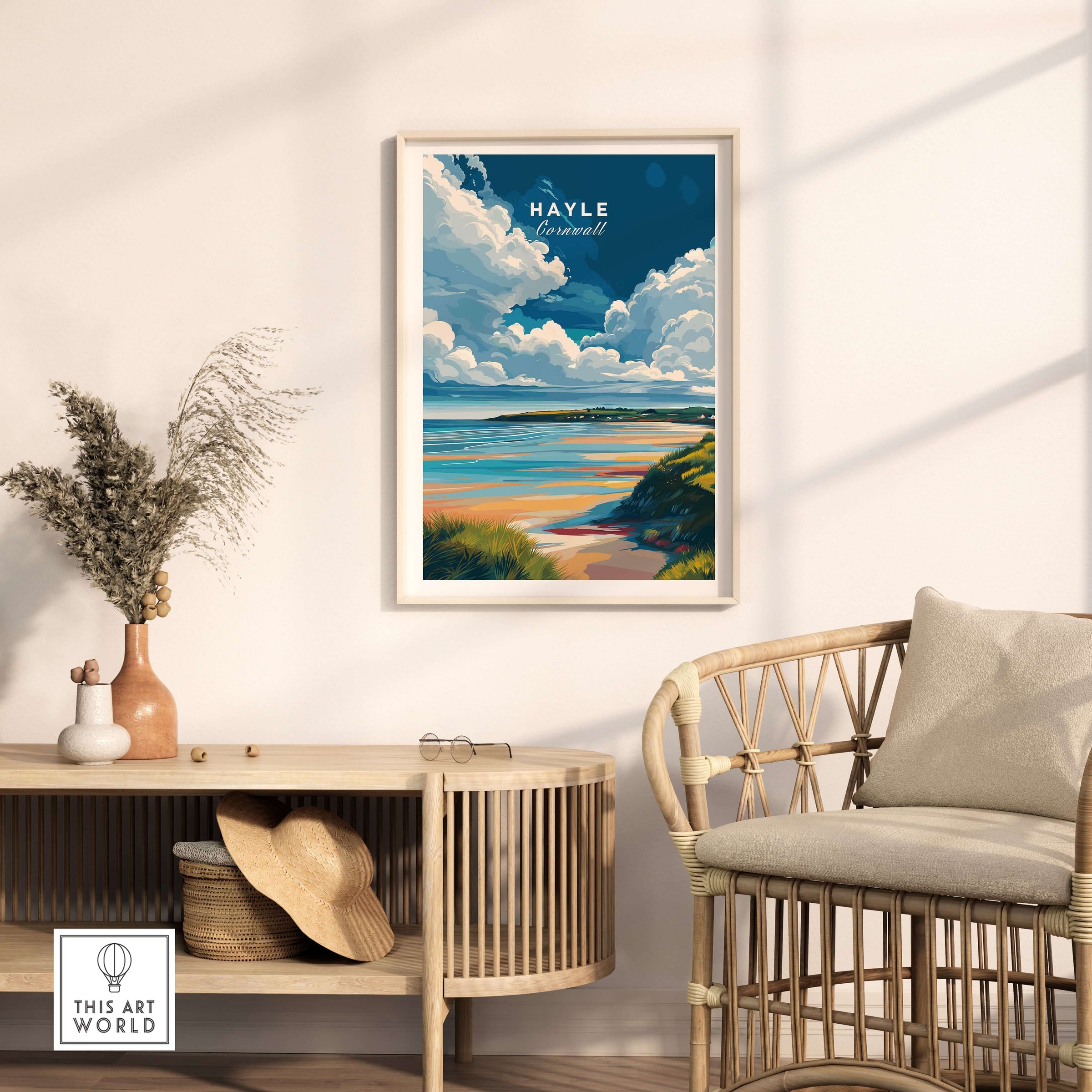 Hayle Ocean View Print - Cornwall Travel Poster showcased in a modern living room setting with natural decor.
