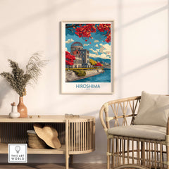 Hiroshima Japan Genbaku Dome Poster - Historic Landmark Decor displayed in modern living room setting.