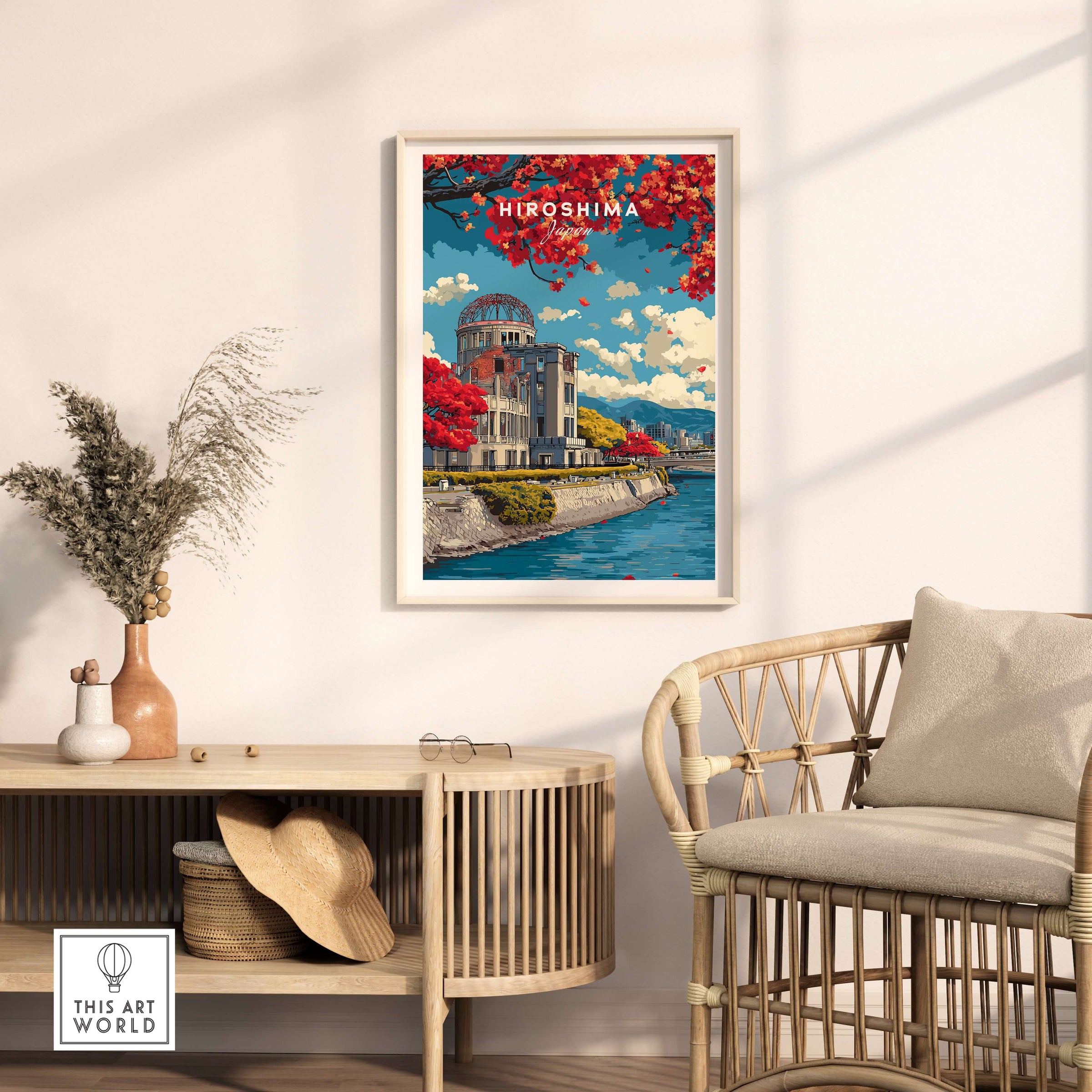 Hiroshima Japan Print Wall Art showcasing iconic landmarks and vibrant colors in a stylish home setting.