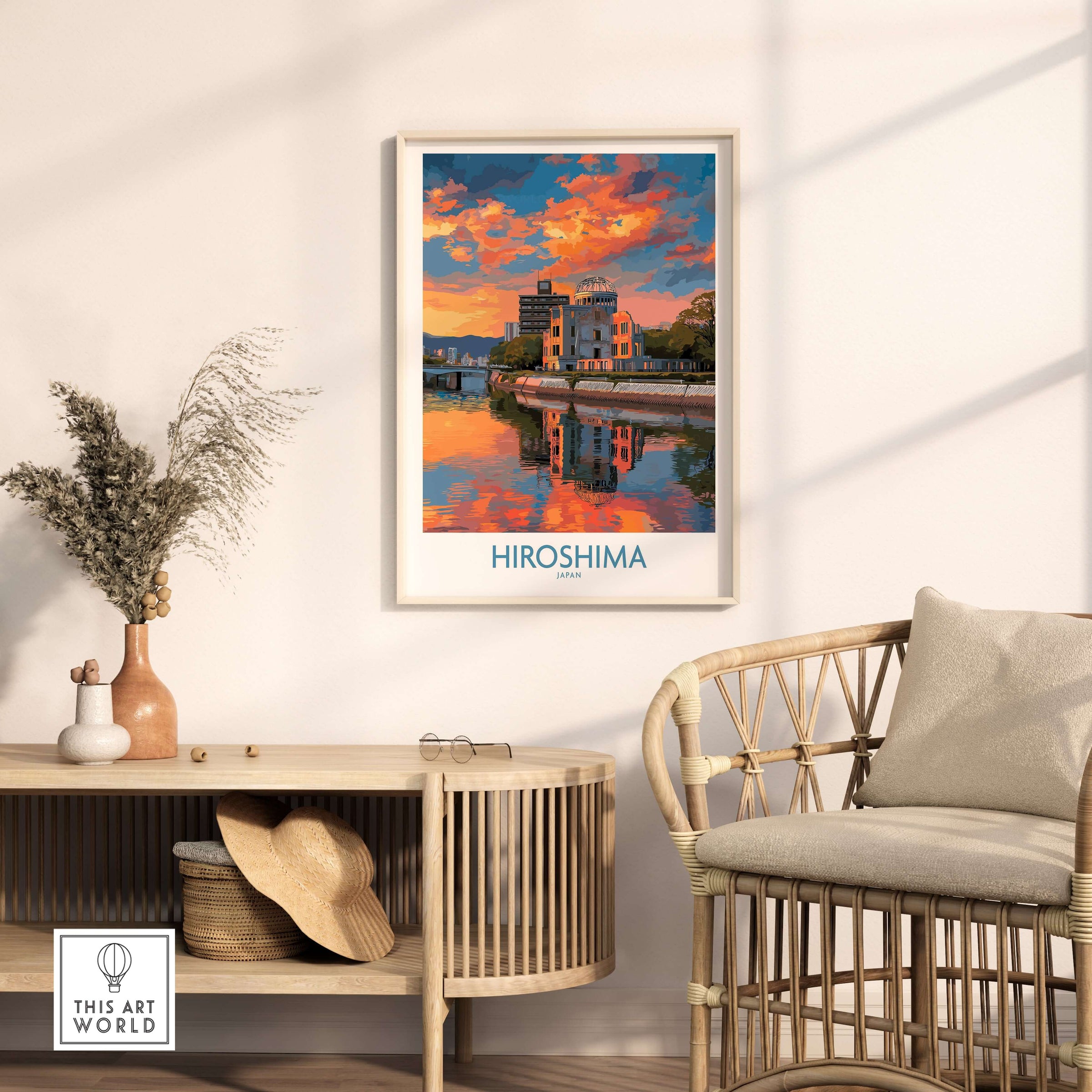 Hiroshima Japan Print - Symbolic Cityscape Decor displayed in a stylish living room with sunset hues.