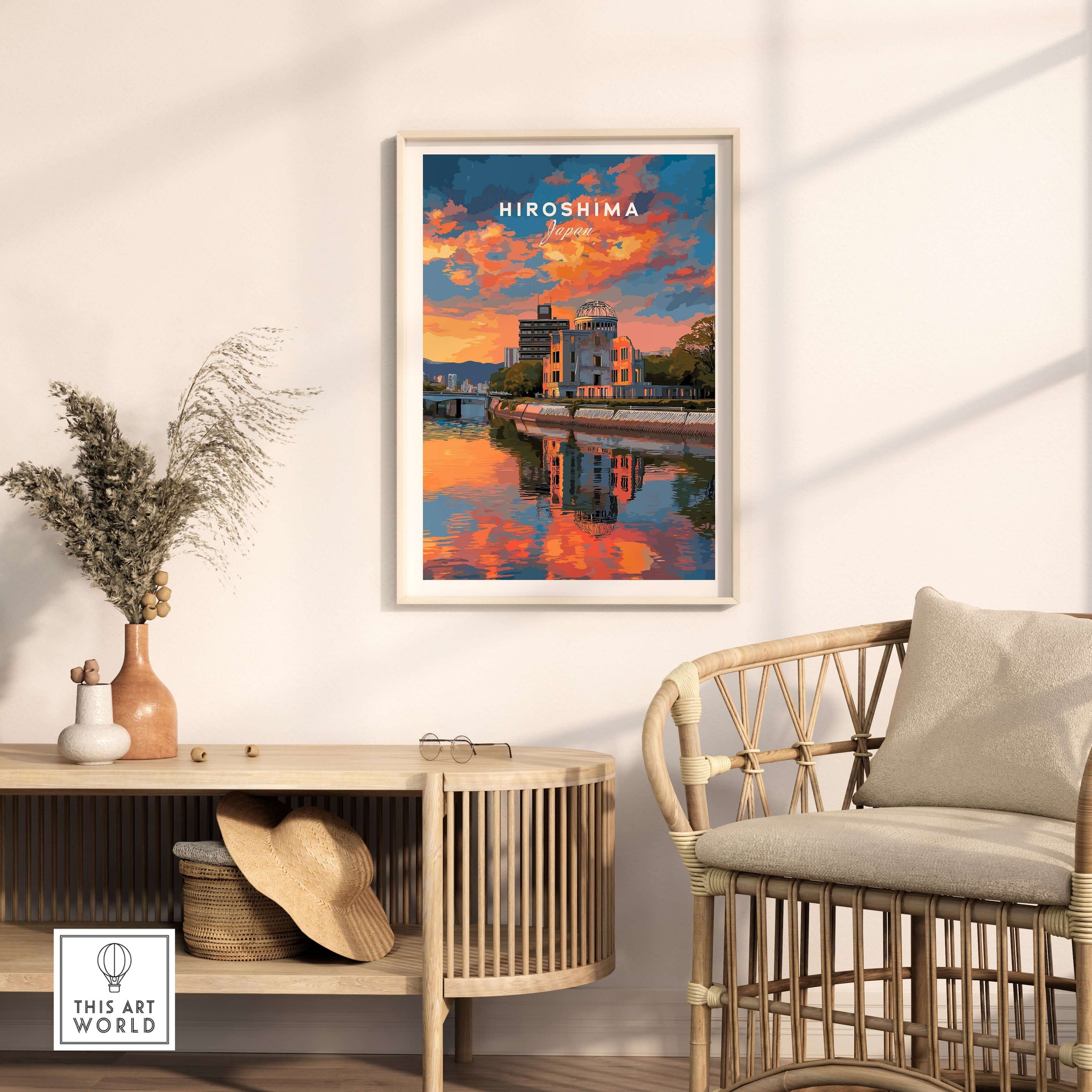 Hiroshima Japan Sunset Poster - Vibrant Sky Wall Art in a stylish living room setting.