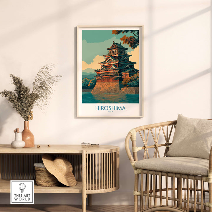 Hiroshima Japan wall art showcasing traditional architecture in a stylish interior setting.
