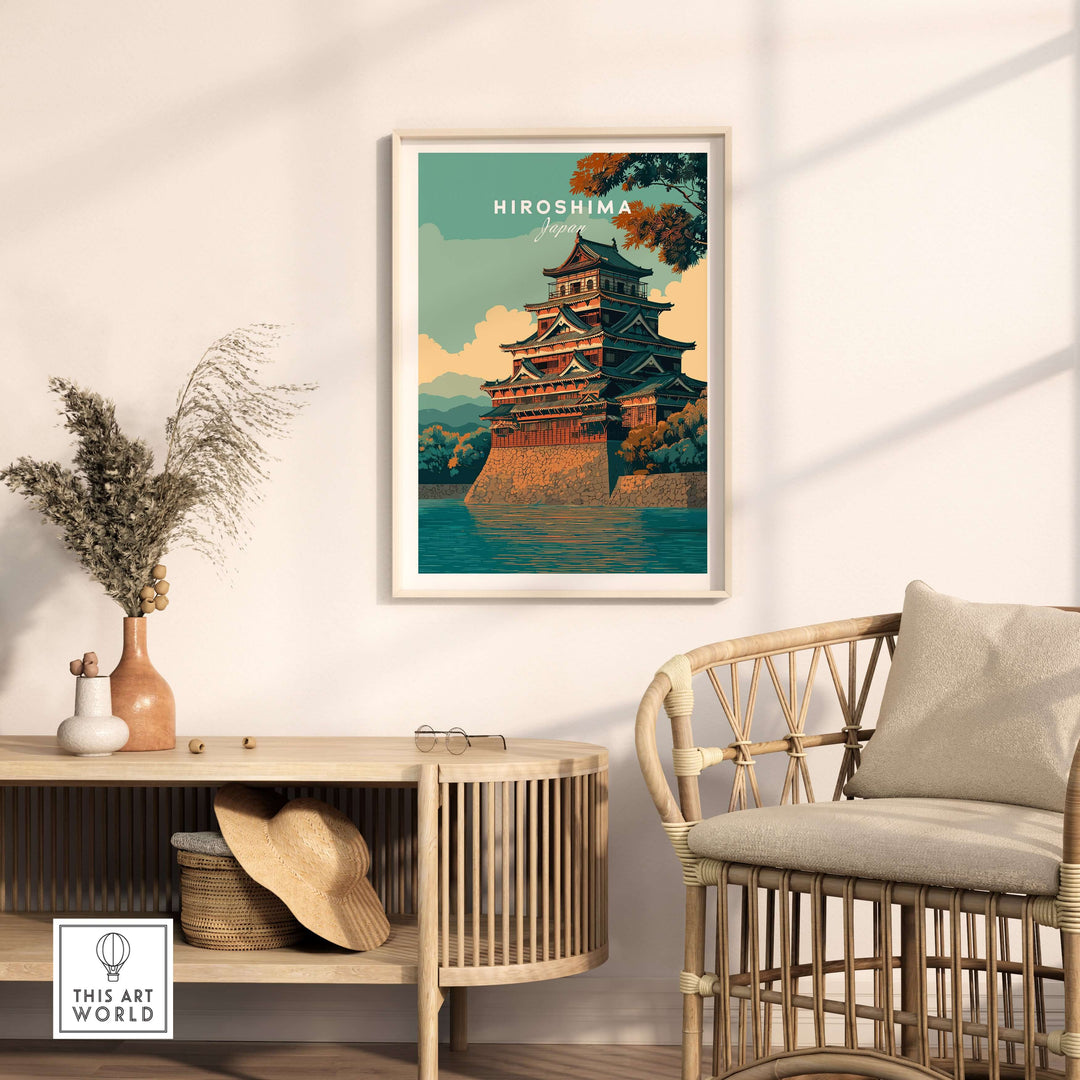 Hiroshima print showcasing historic Japanese architecture in a stylish living room setting.