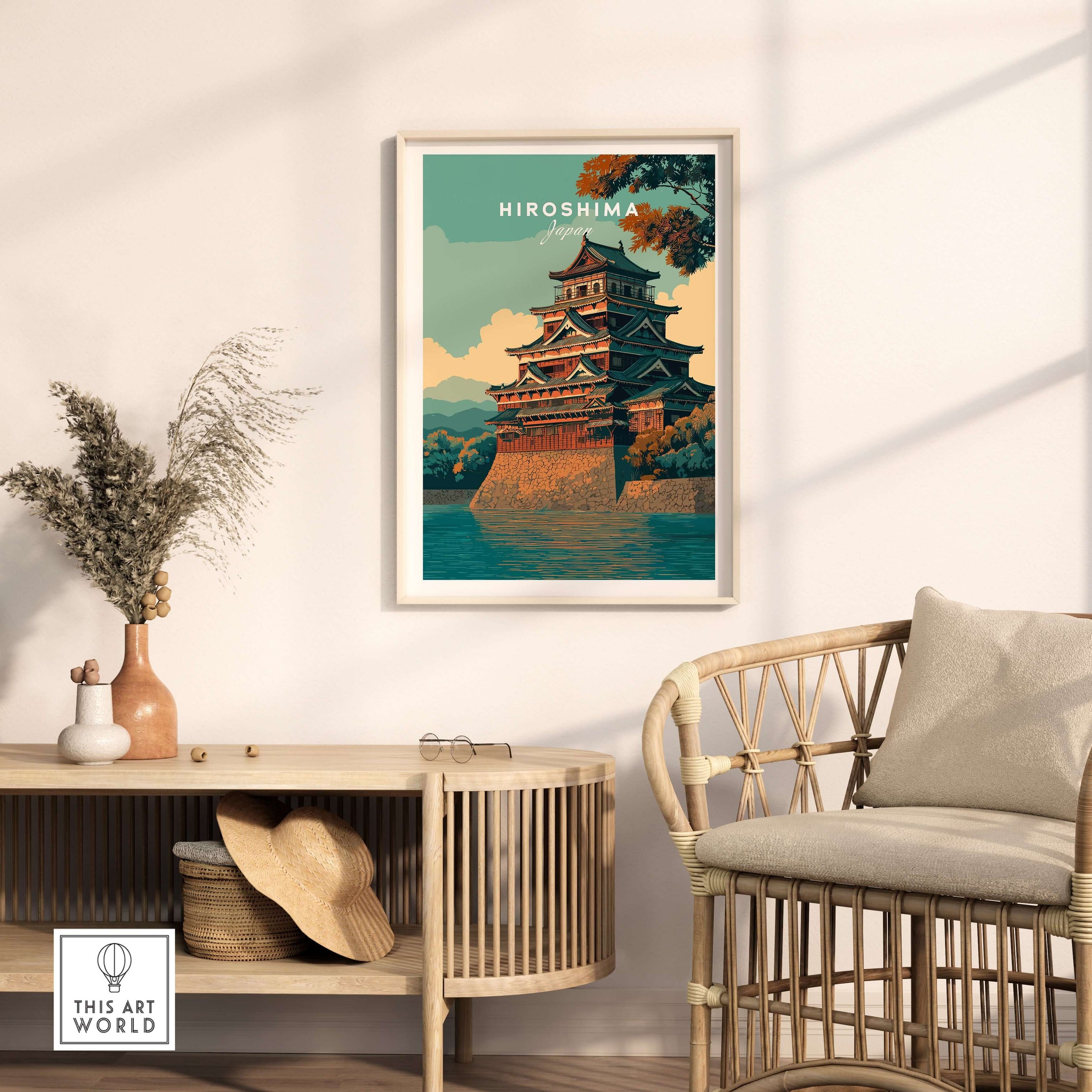 Hiroshima Print Japan - Historic Japanese Architecture Poster showcasing traditional structures beautifully framed.
