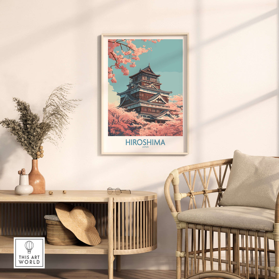 Hiroshima cherry blossom wall art print with a serene castle backdrop, adding elegance to home decor.