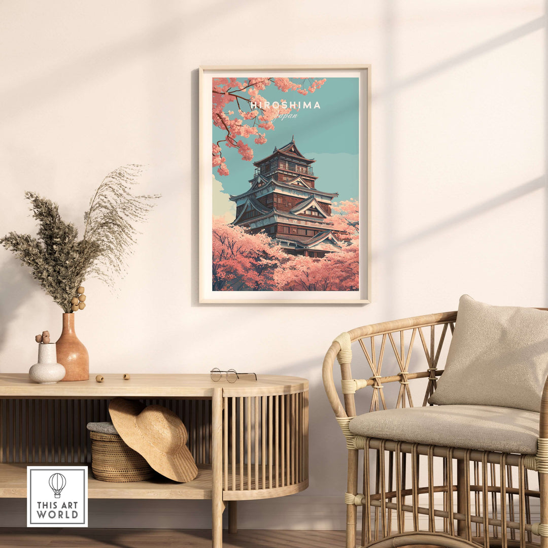 Hiroshima poster featuring cherry blossoms and a Japanese landmark in a cozy interior setting.