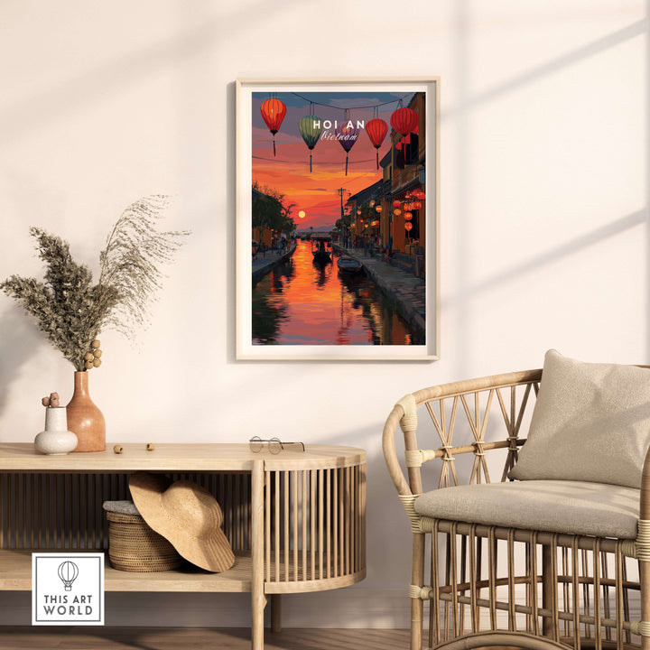 Hoi An Lantern Festival sunset print showcasing vibrant colors and warm light, perfect for enhancing home decor.