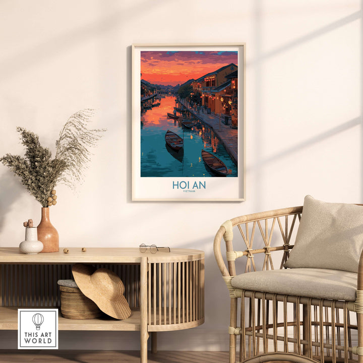 Hoi An colorful lantern poster featuring vibrant sunset, displayed in a stylish home setting with rattan furniture.