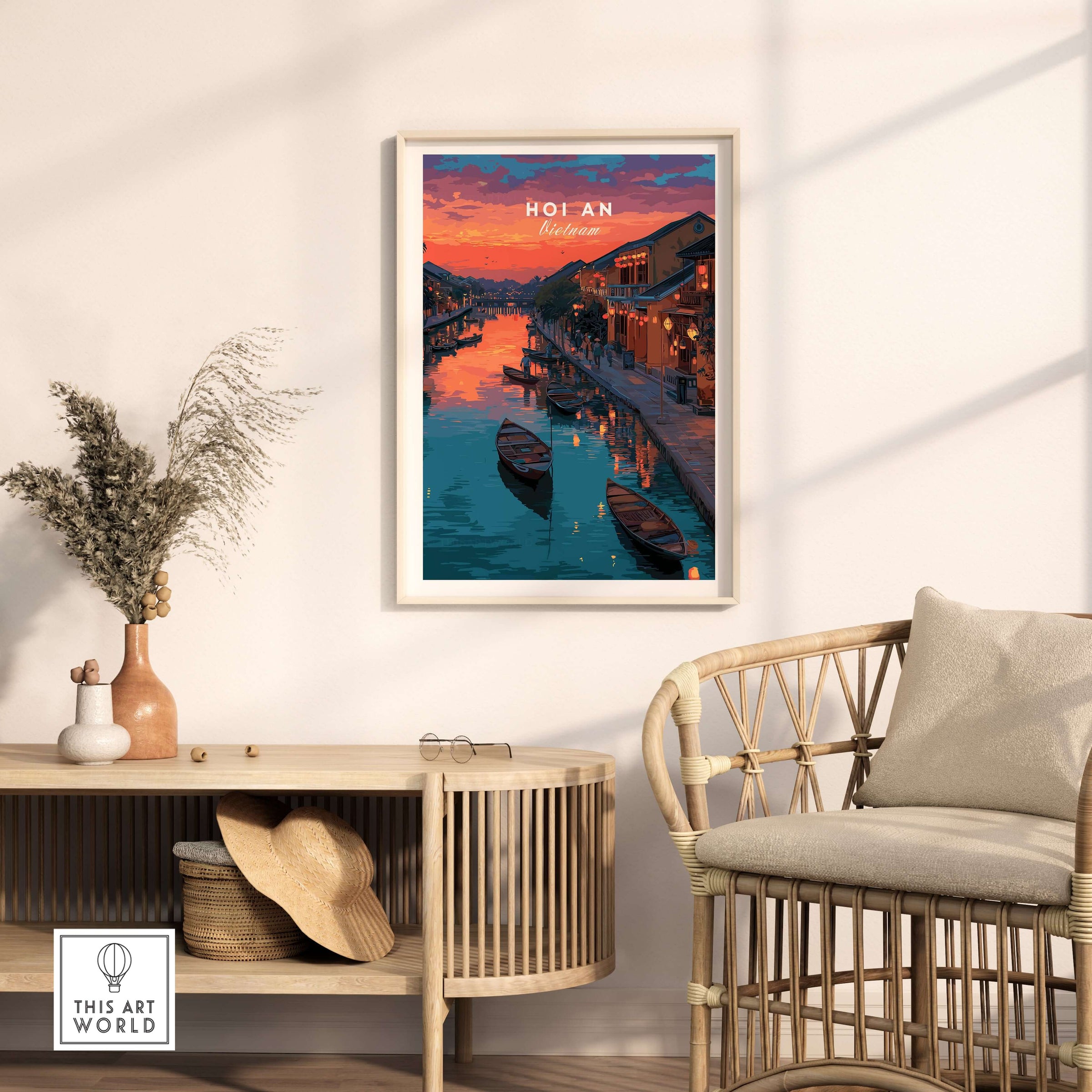 Hoi An Vietnam Poster - Ancient Town Wall Art featuring a scenic view of the river and traditional boats in Hoi An.