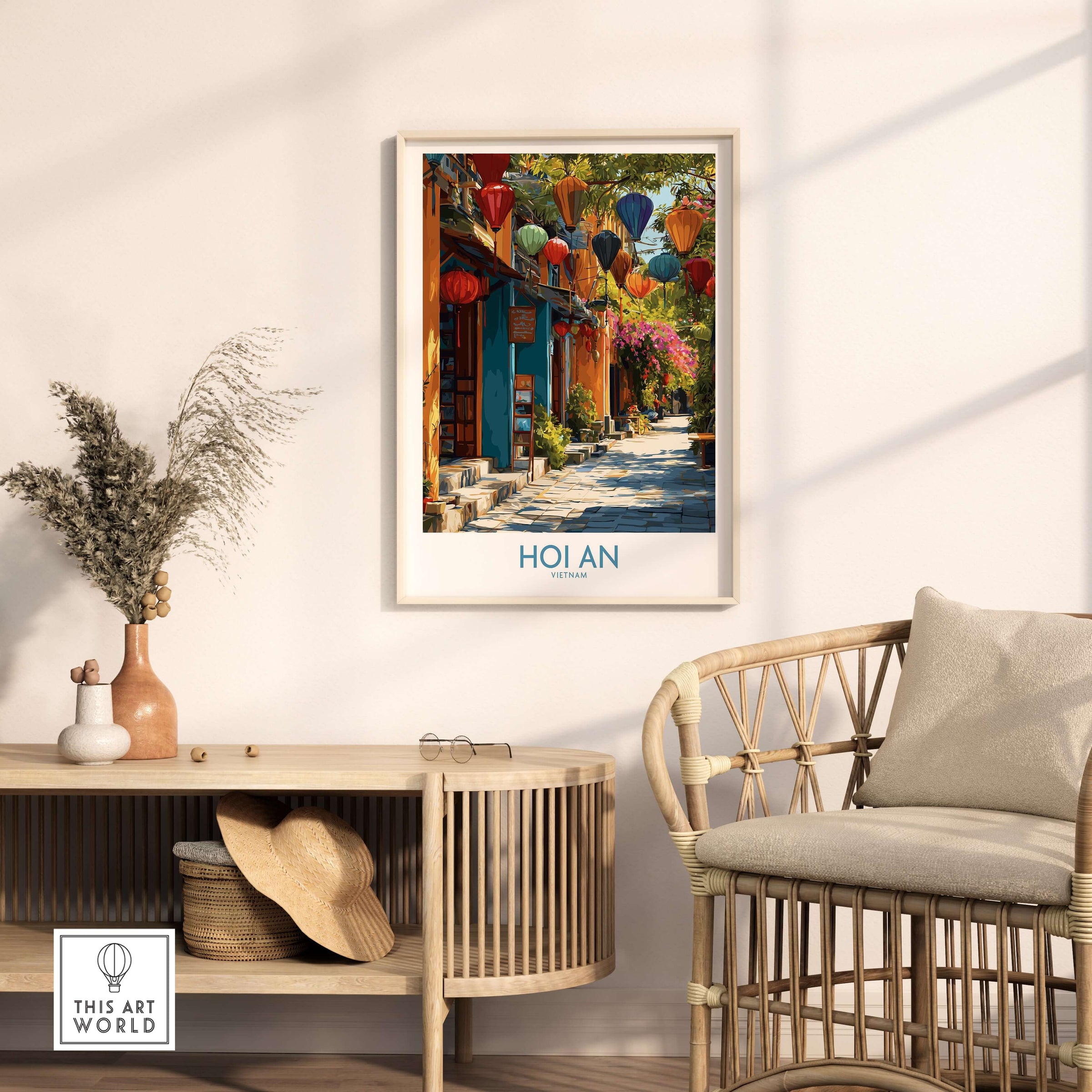 Hoi An Vietnam Wall Art Print showcasing vibrant lanterns and a colorful street scene in a cozy interior setting.